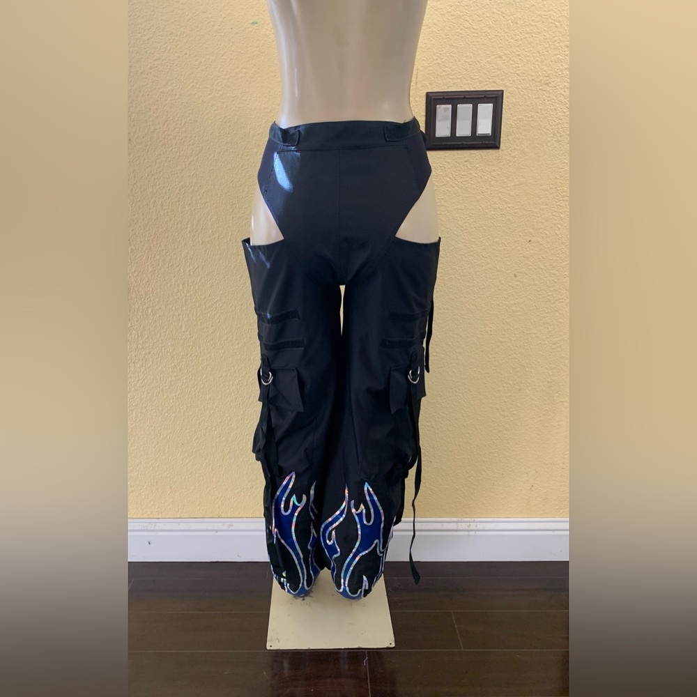 NAMILIA Size XS Black With Blue Flame Cut Out Moto Chaps Pants - Picture 3 of 7